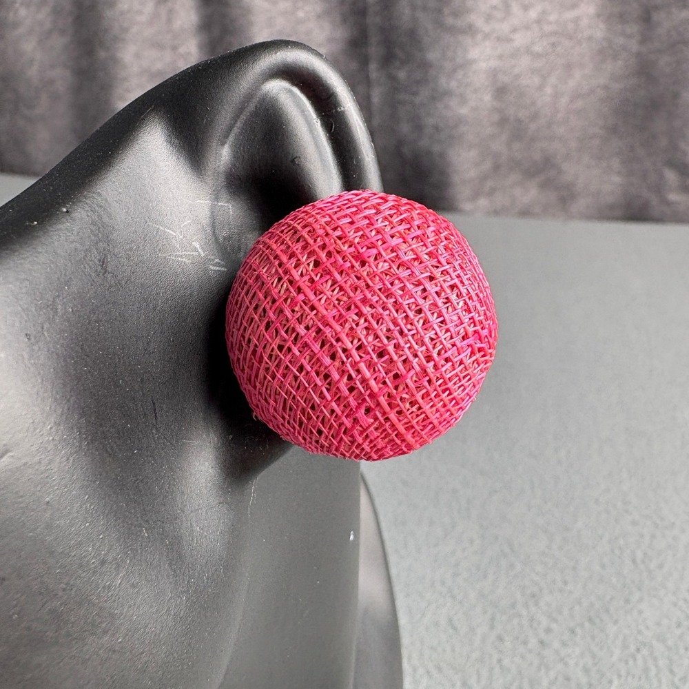 Vintage Pink Woven Raffia Dome Clip On Earrings Summer Boho Statement